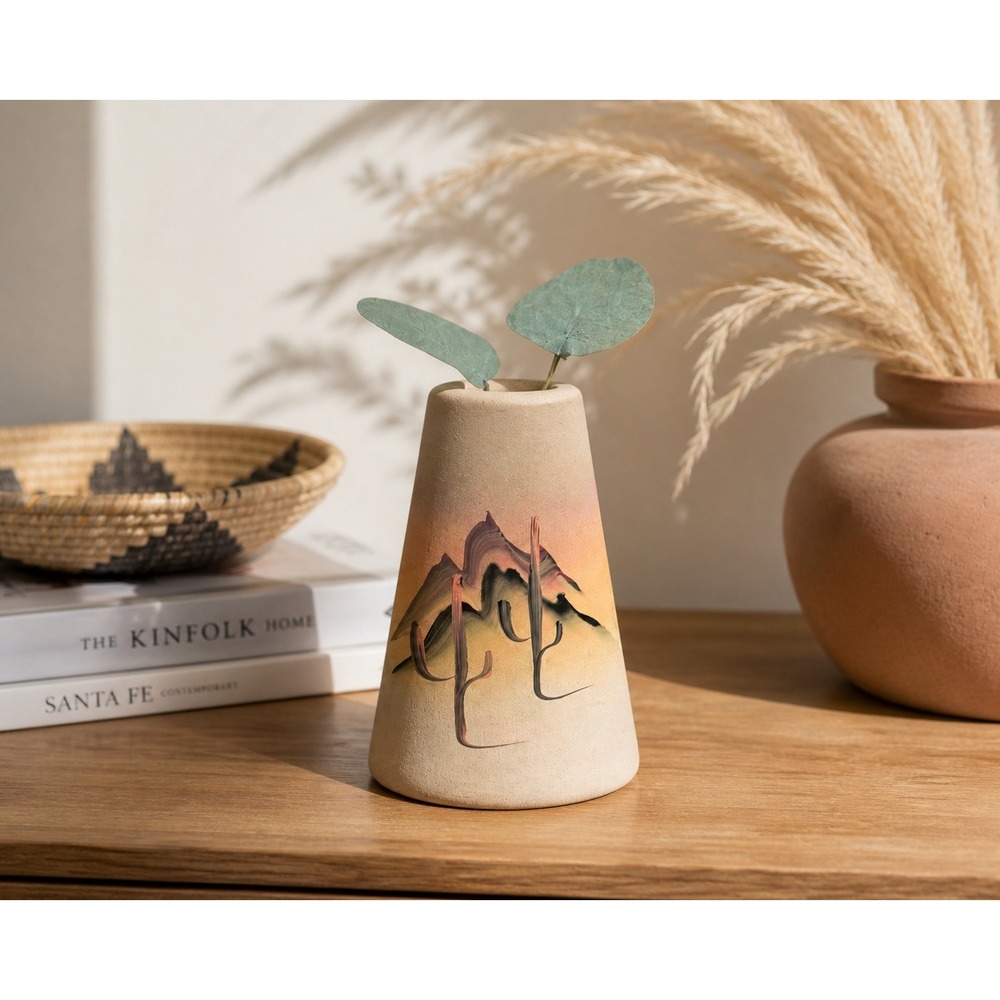 Southwest Desert Cactus Bud Vase Hand Painted Ceramic Boho Decor Art
